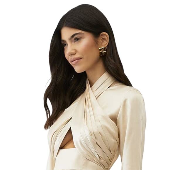 Keepsake Champagne Satin Cutout Mini Dress XS Long Sleeve Party Glam - Picture 4 of 9